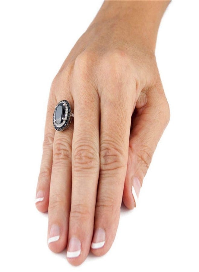 AZQ 925 Sterling Silver Shiny Full Diamond Ring Oval Cut Black Onyx Marcasite White Cubic Zirconia Rings CZ Cocktail Rings Eternity Engagement Wedding Band Ring for women TZ.36 (US Code 7) - Image 3